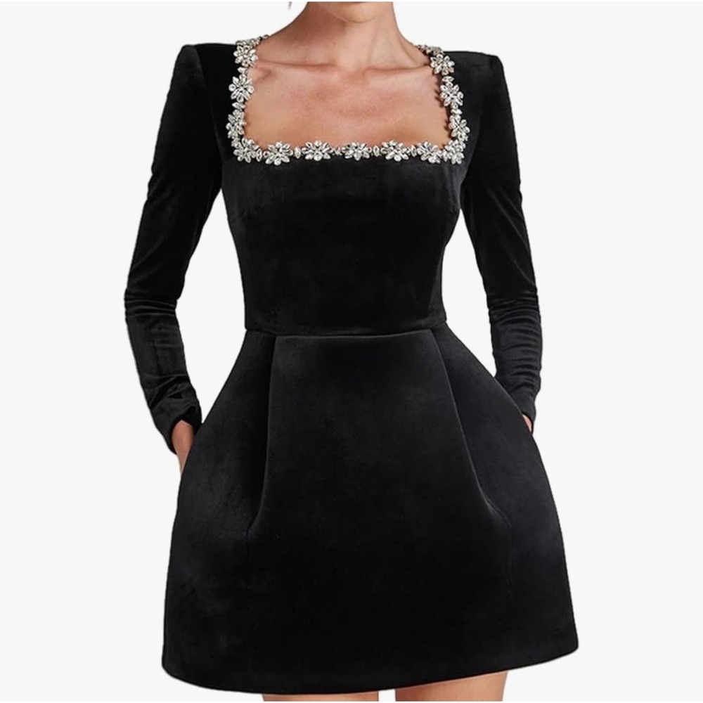 Black Velvet Crystal Floral Embellished Square Neck Mini Dress Long Sleeve